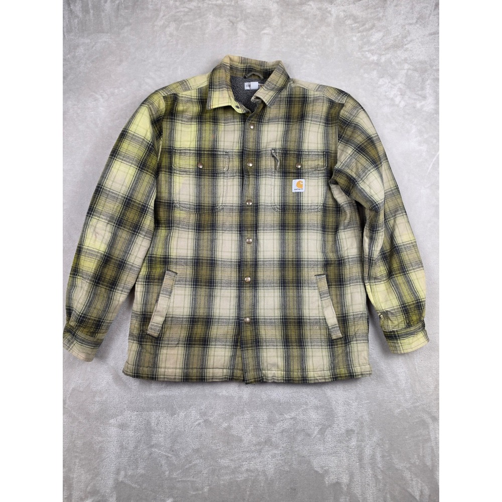 Carhartt Hubbard Sherpa Lined Shirt Jacket Mens L Green Plaid Snap Work 103821
